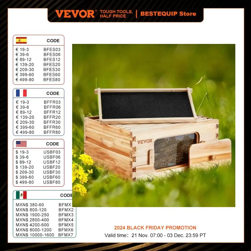 VEVOR Bee Hive Deep Box Starter Kit 100% Beeswax Coated Natural Cedar Wood Langstroth Beehive Kit Transparent Acrylic