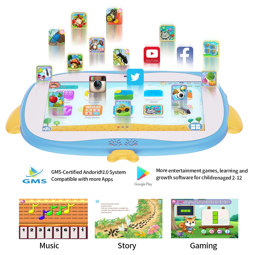 BDF-Tableta de aprendizaje Penguin para niños, dispositivo de 7 pulgadas, batería de 4000mAh, 4GB de RAM, 64GB de ROM, Android 12,0, resolución de 1024x600, versión WIFI