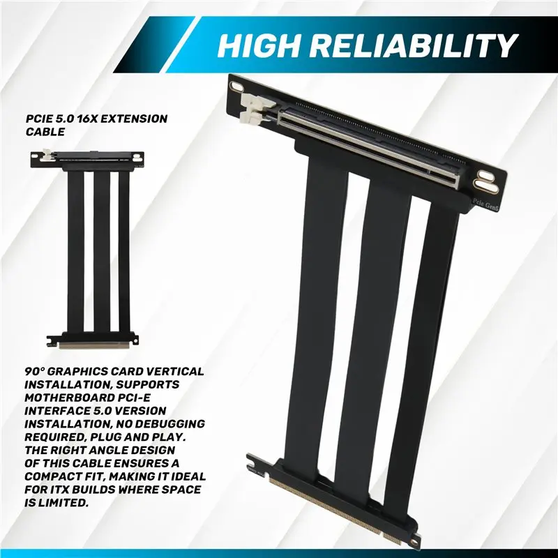 ABJG-PCIE 5.0 16X Extension Cable Video Card Extension Cable 90° Mounting GPU Extension Cord Black