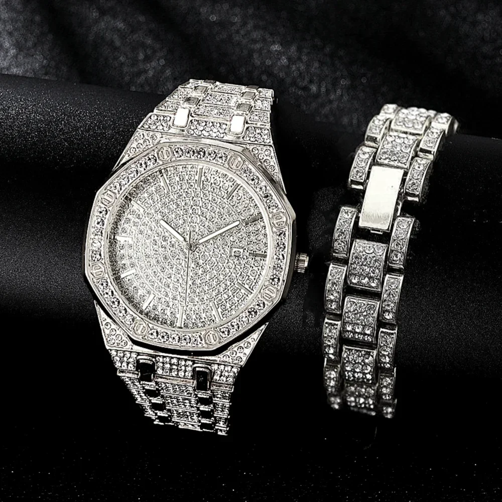 

Top Brand Bracelet with Watch for Men Iced Out Clock Fashion Quartz Wristwatch Hip Hop Gold Diamond Women Set Jewelry Relojes