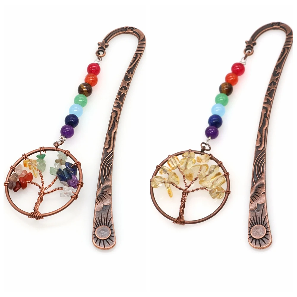 Natural 7 Chakra Quartz Crystal Beads Reiki Tree Of Life Stone Book Mark Vintage Metal Bookmark Jewelry For School Office Decora