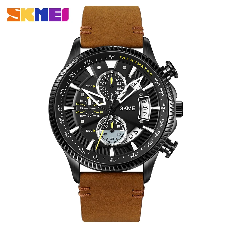 

SKMEI Waterproof Date Wristwatches Fashion Quartz Watch Men Casual Genuine Leather Stopwatch Clock Male relogios masculino