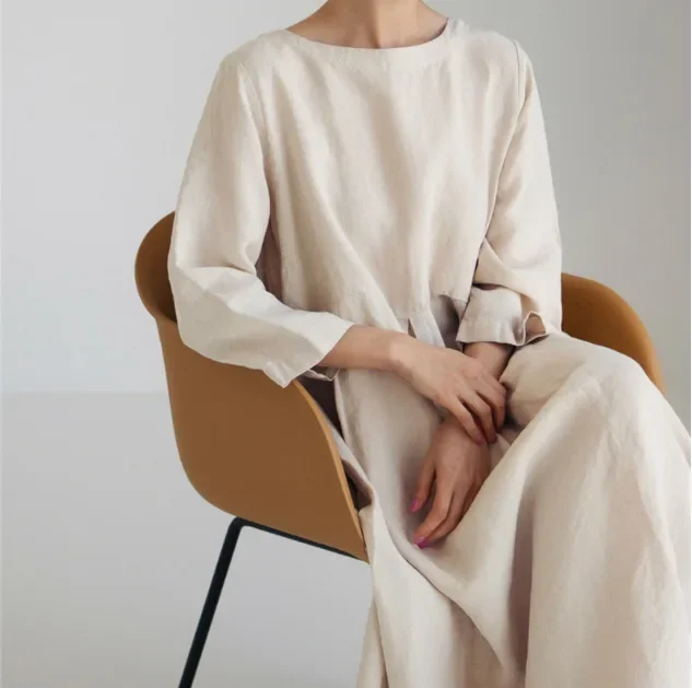 

Женское винтажное платье из хлопка и льна, свободный сарафан с квадратным вырезом и длинными расклешенными рукавами, женское платье, Повседневное платье