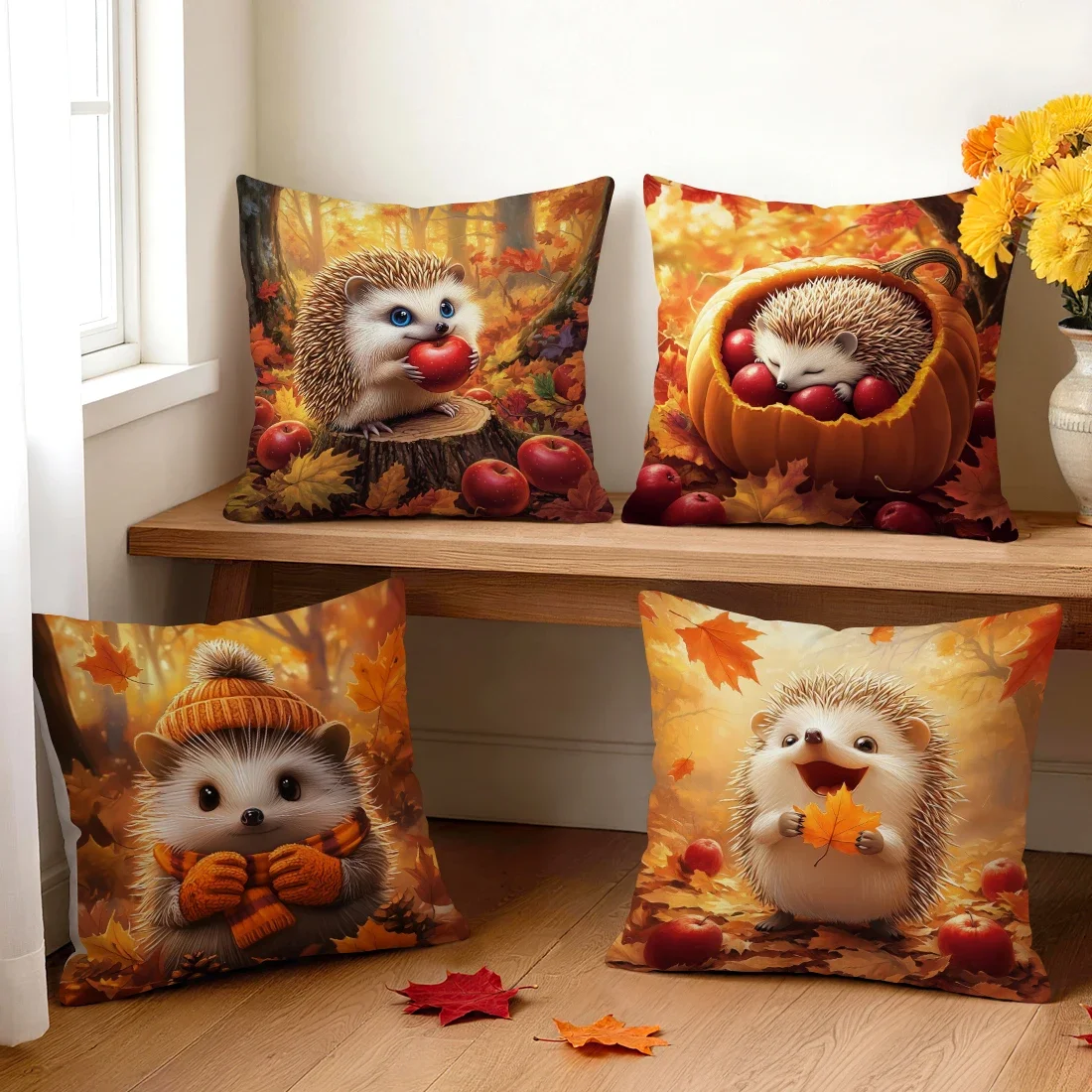 Autumn Little Hedgehog Pumpkin Cushions Pillowcase Polyester Cushion Cover Throw Pillow Pillowcover Home Car Sofa Decor