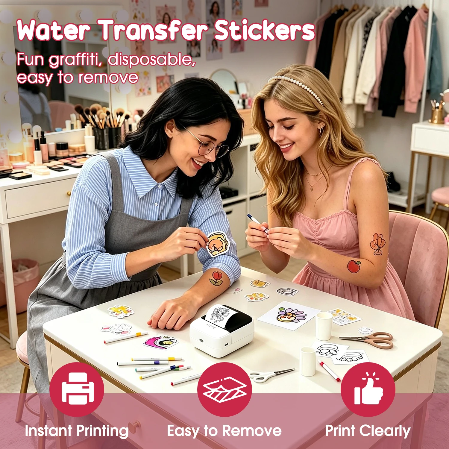 USB BT Portable Suitable for Labels and Temporary Tattoos Sticker Maker, Includes Water Transfer Tattoo Paper, Supports Doodling