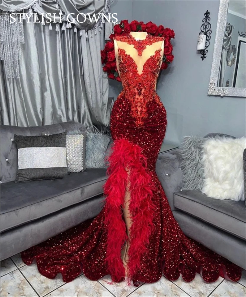 Robe de Rhlongue rouge à col rond pour filles noires, robes de fête d'anniversaire à paillettes, robe de soirée à fente haute, robe de sirène, plumes