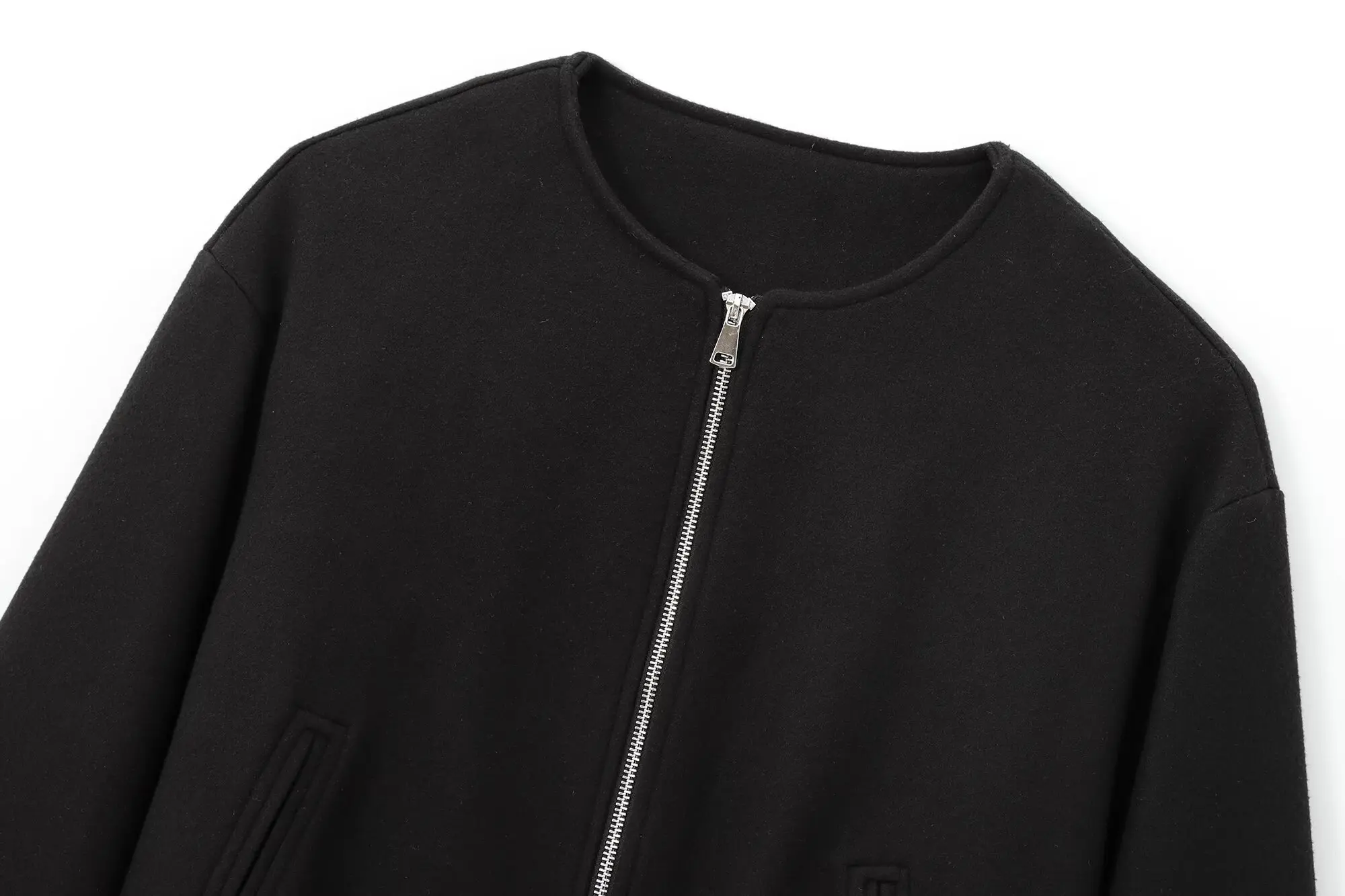 HH Damen Eleganter Langarm-Modemantel für den Herbst mit Reißverschlusstaschen, Freizeitjacke für Partys, schmal geschnitten, O-Ausschnitt – Detail 4