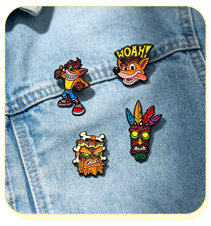 4Pc Crash Bandicoot Anime Enamel Pins Retro PS1 Game Character Tiki Mask Brooch Lapel Badge Backpack Hat Decor Fans Collect Gift
