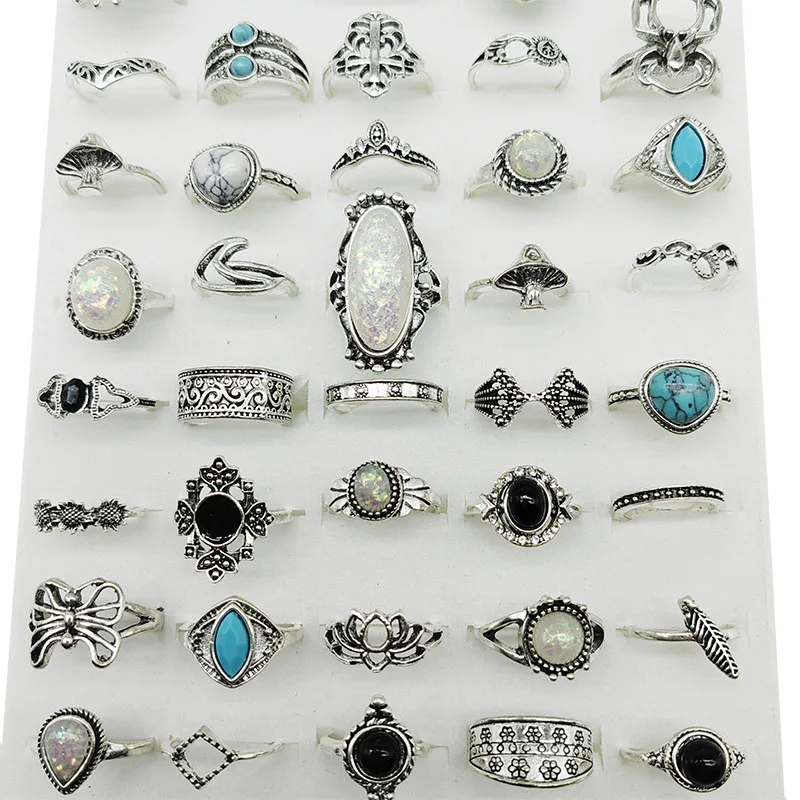 50pcs/Lot Punk Gothic Mix Finger Rings for Women Black Enamel Vintage Silver Plated Charm Fake Opal Finger Jewelry Girl Gifts
