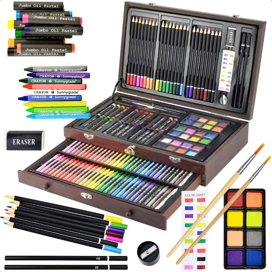 

145 Piece Deluxe Art Set Wooden Box Drawing Kit with Crayons Oil Pastels Colored Pencils Watercolor Cakes Sketch Pencils Paint