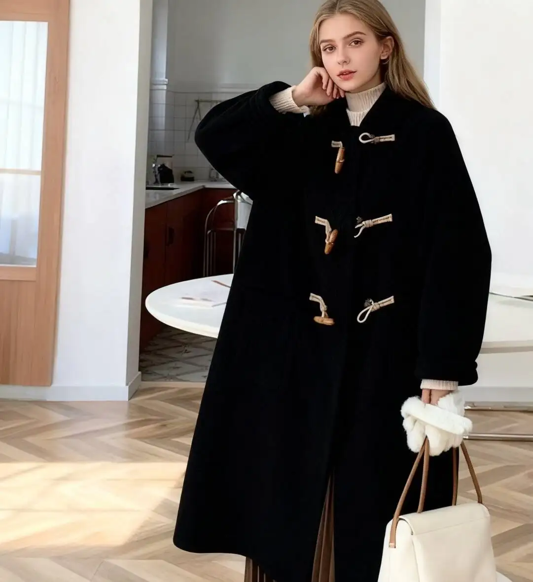 

Wool Blend Coats Womens Woolen Coat Blue Autumn Velvet Fleece-Lined Appliques Patchwork Double-Layer Pocketed Pleated Aesthetic