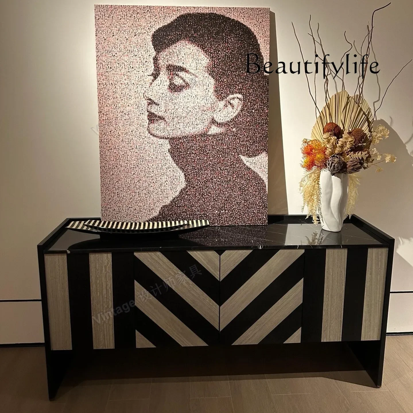 

XR Nordic Modern Minimalist Designer Zebra Pattern Dining Side Locker Hotel Villa Living Room Tea Entrance Cabinet