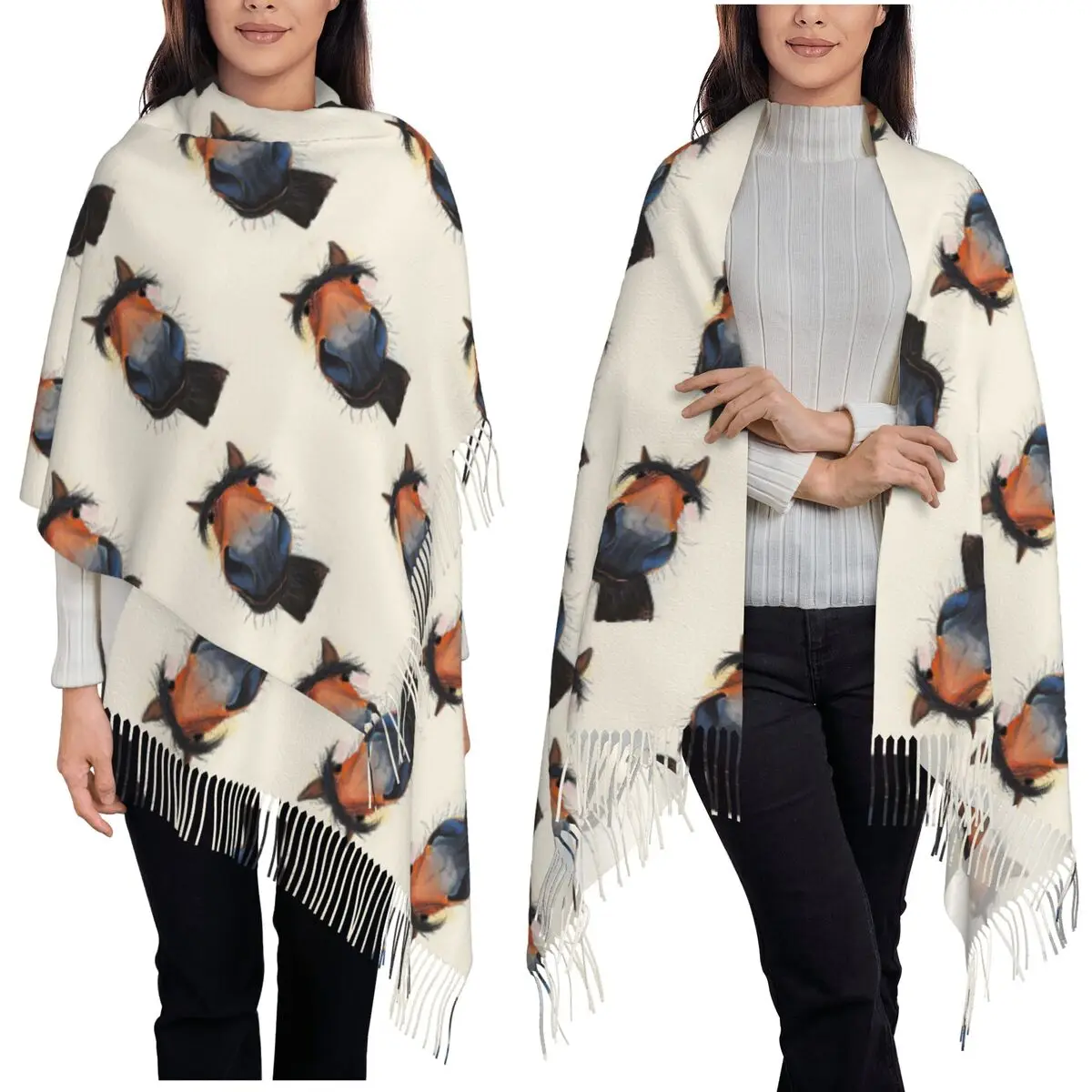 Horse Print 'happy Dave' By Shirley Macarthur Scarf Tassel Scarves Women Soft Warm Shawls and Wraps Long Fall Winter Shawl Wrap
