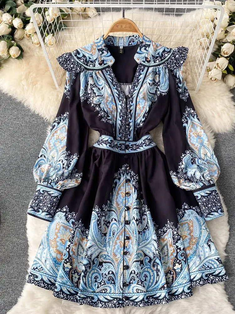 Mini abito stampato floreale primavera autunno donna sexy scollo a V monopetto manica a sbuffo vita alta a-line abiti da festa di lusso