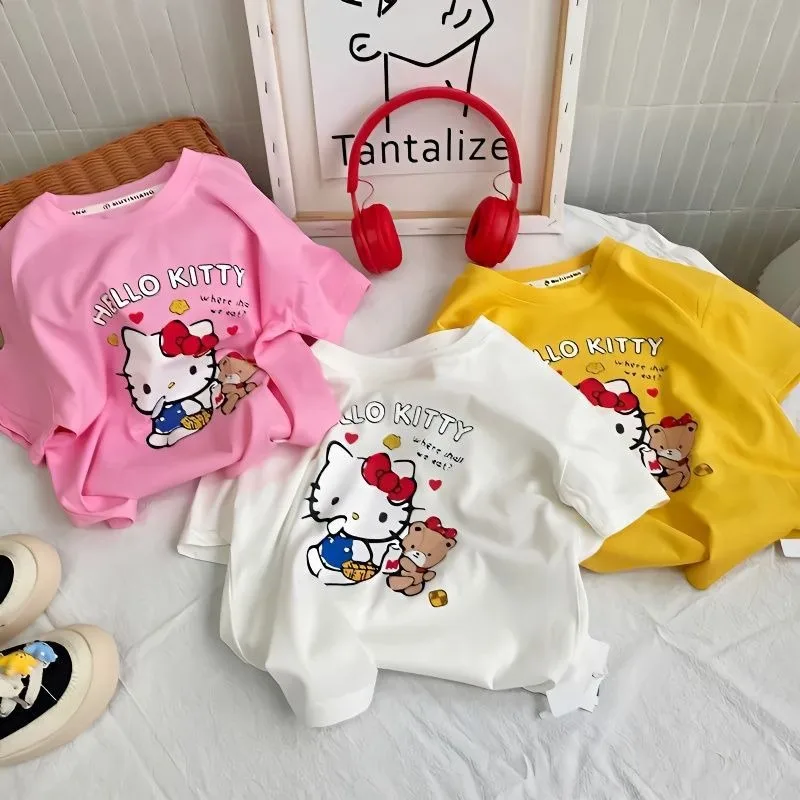 

Hello Kitty Anime Kawaii Sanrio Ins Fashion Cotton Short Sleeved Shirt Summer Cute Fashionable Children Shirt Baby Clothes Gifts