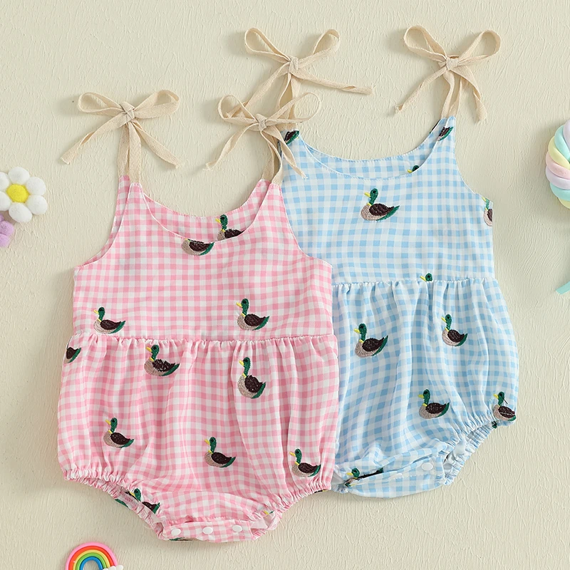 

Baby Girls Rompers Summer Infant Newborn Girls Sleeveless Tie-up Plaid Embroidery Duck Jumpsuits Playsuit Outfits Clothing