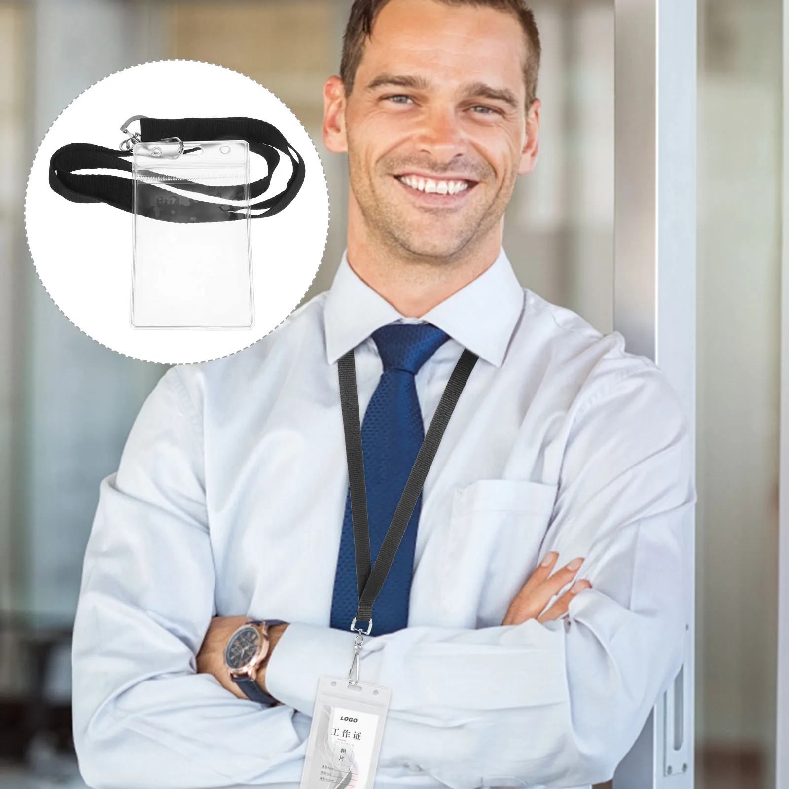 

5 set Id Badge Holder With Lanyard 5 Sets Vertical Clear Card Sleeves For Credit Cards College Ids Polyester Pvc Zinc Alloy