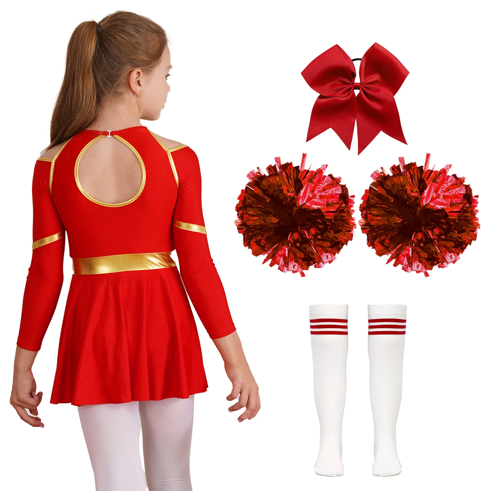 Cheerleader Outfit Cheering Uniform for Kids Girls Long Sleeve Dress with Pom Poms Stocks Schoolgirls Cheer Leader Dance Costume