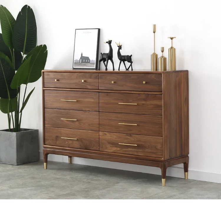 

Solid Wood Chest of Six Drawers Black Walnut Copper Leg Storage Cabinet Living Room Sideboard Cabinet