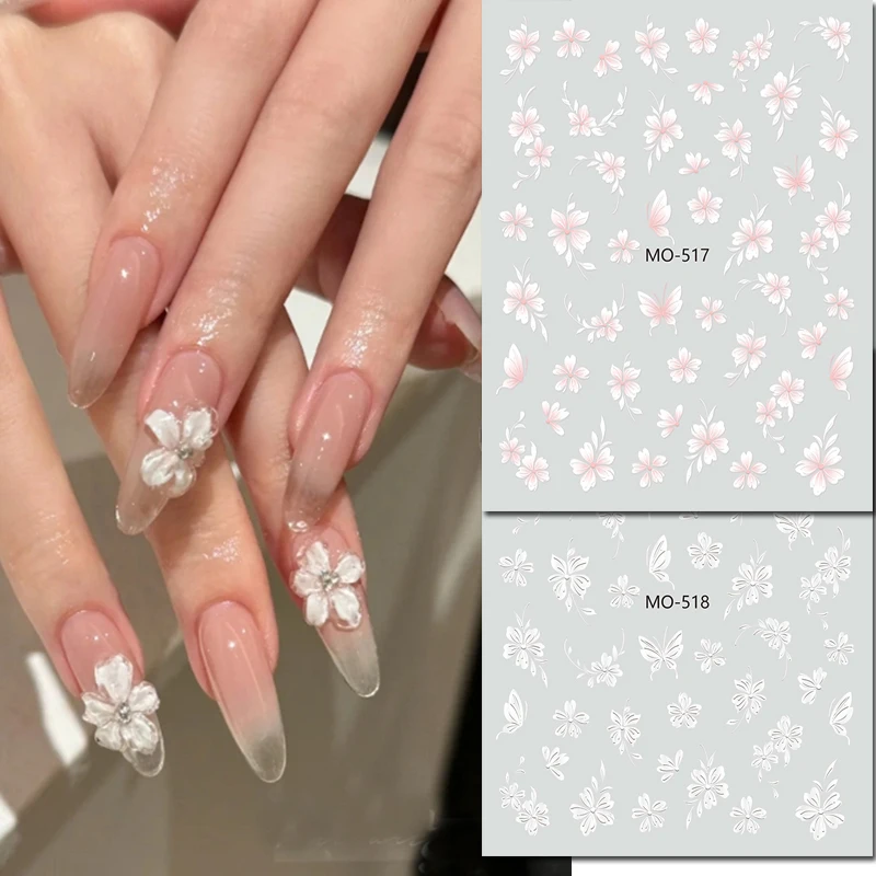 

5d Embossed Nail Art Stickers Shelllight Pink White Icy Petals Flowers Butterflys Sliders Decals Decorated Nail Manicures