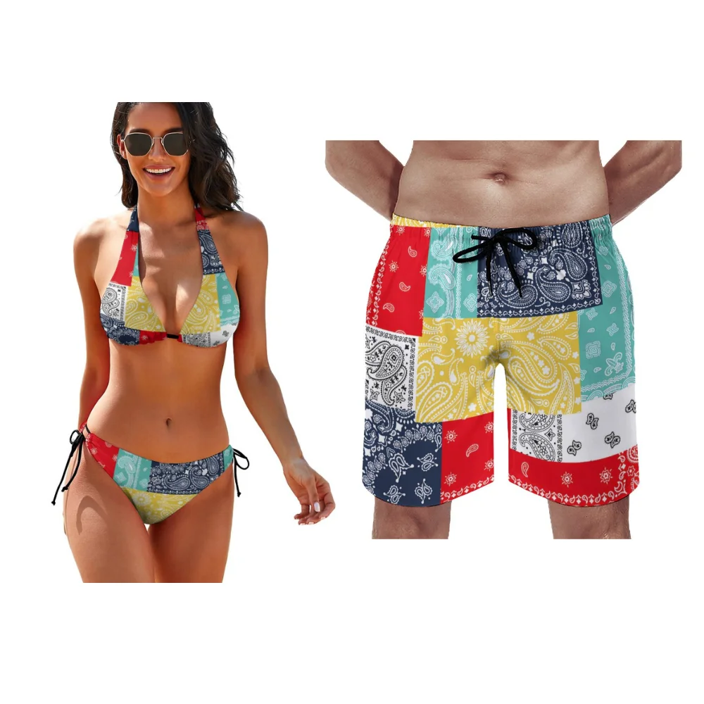 Bandana Rib letnie seksowne Bikini na plażę dla par spersonalizowane stroje kąpielowe spersonalizowane męskie spodenki zestaw dla par