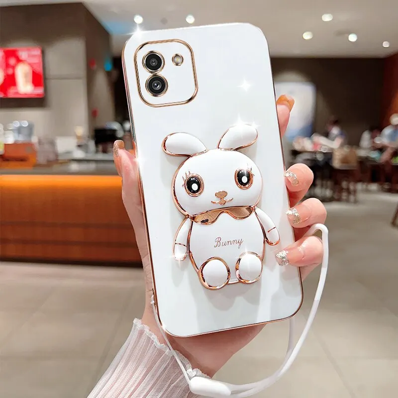 Phone Case For Samsung Galaxy A03 Luxury Plating Square Rabbit Holder With Landyard Phone Case Cover