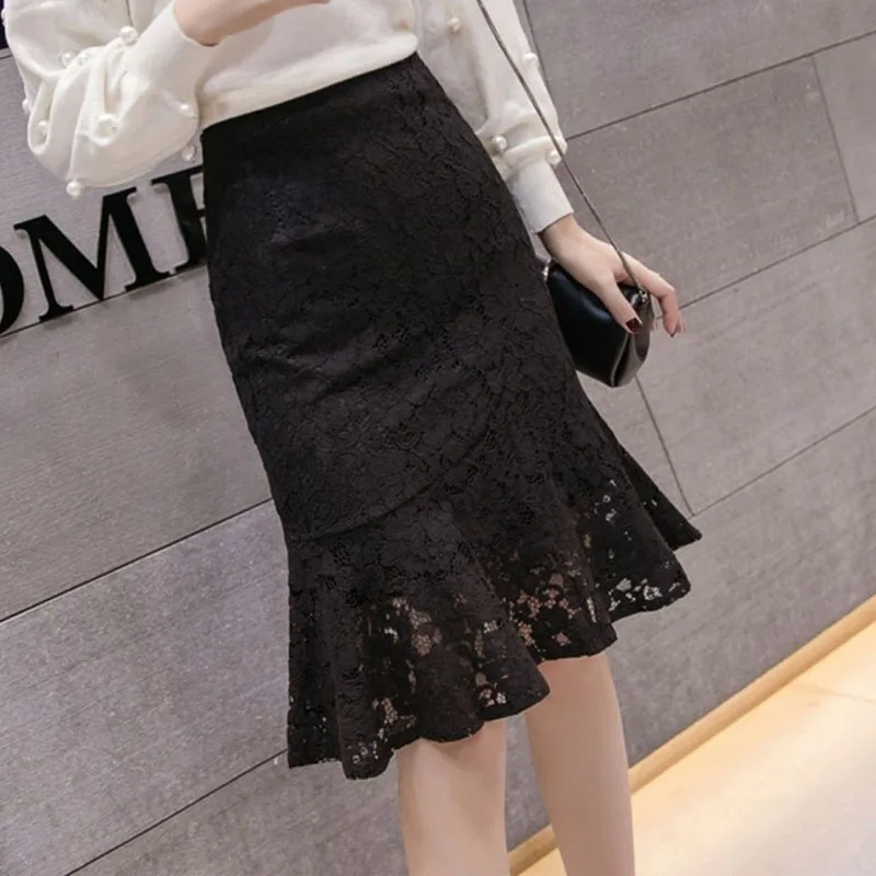 

Sexy Slim Lace Ruffles Bag Hip Skirts 2023 Summer New Office Lady Elegant Solid High Waist Midi Mermaid Skirt Women's Clothing