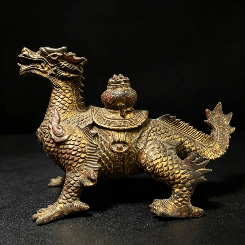 Antique Gilded Qilin Kirin Statue Lucky Mythical Beast Sculpture Feng Shui Figurine Home Decorative Table Ornament