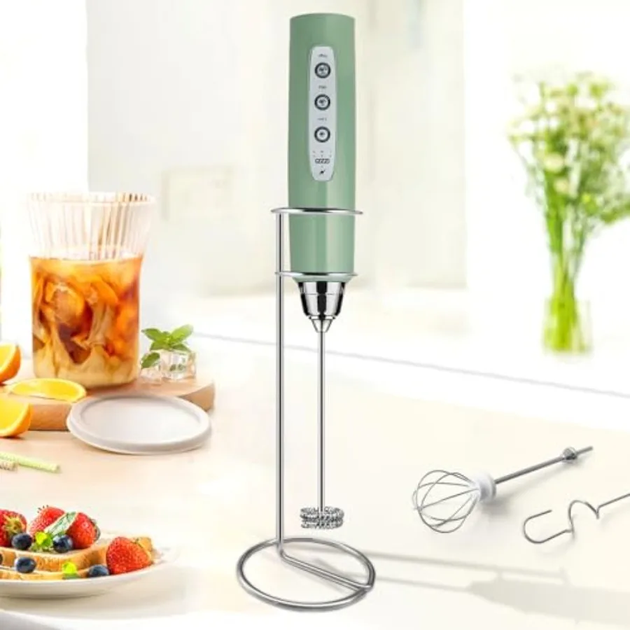 

Rechargeable Handheld Milk Frother with Stand and 3 Stainless Steel Whisks for Matcha Latte Cappuccino Chocolate 3-Speed Adjust