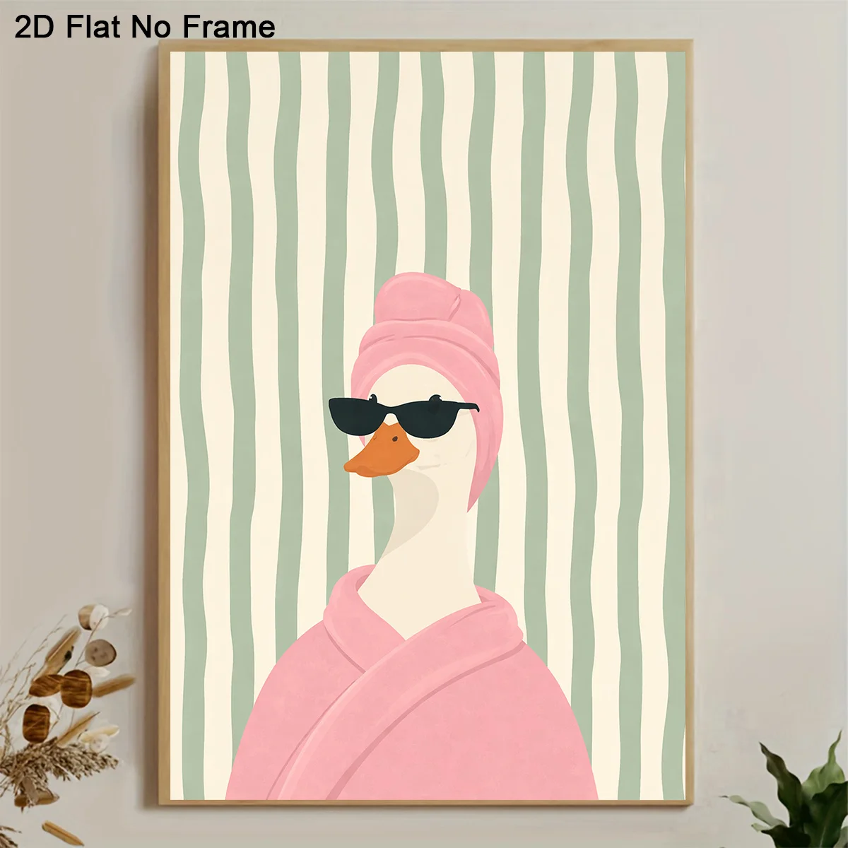 2D Flat, 1pc Modern Frameless Canvas Poster - Cute Goose in Pink Bathrobe & Fashion Glasses Wall Art, Green Stripe Background