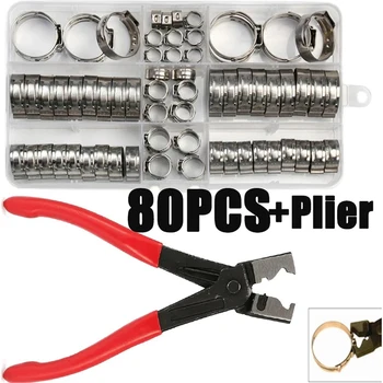 80pcs stainless steel ear stepless clamp worm drive fuel water hose pipe clamps clips + 1pc hose clip clamp pliers