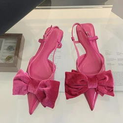 Liyke-Sandalias planas con nudo de mariposa grande para mujer, zapatos de charol con punta estrecha y correa trasera, de alta calidad