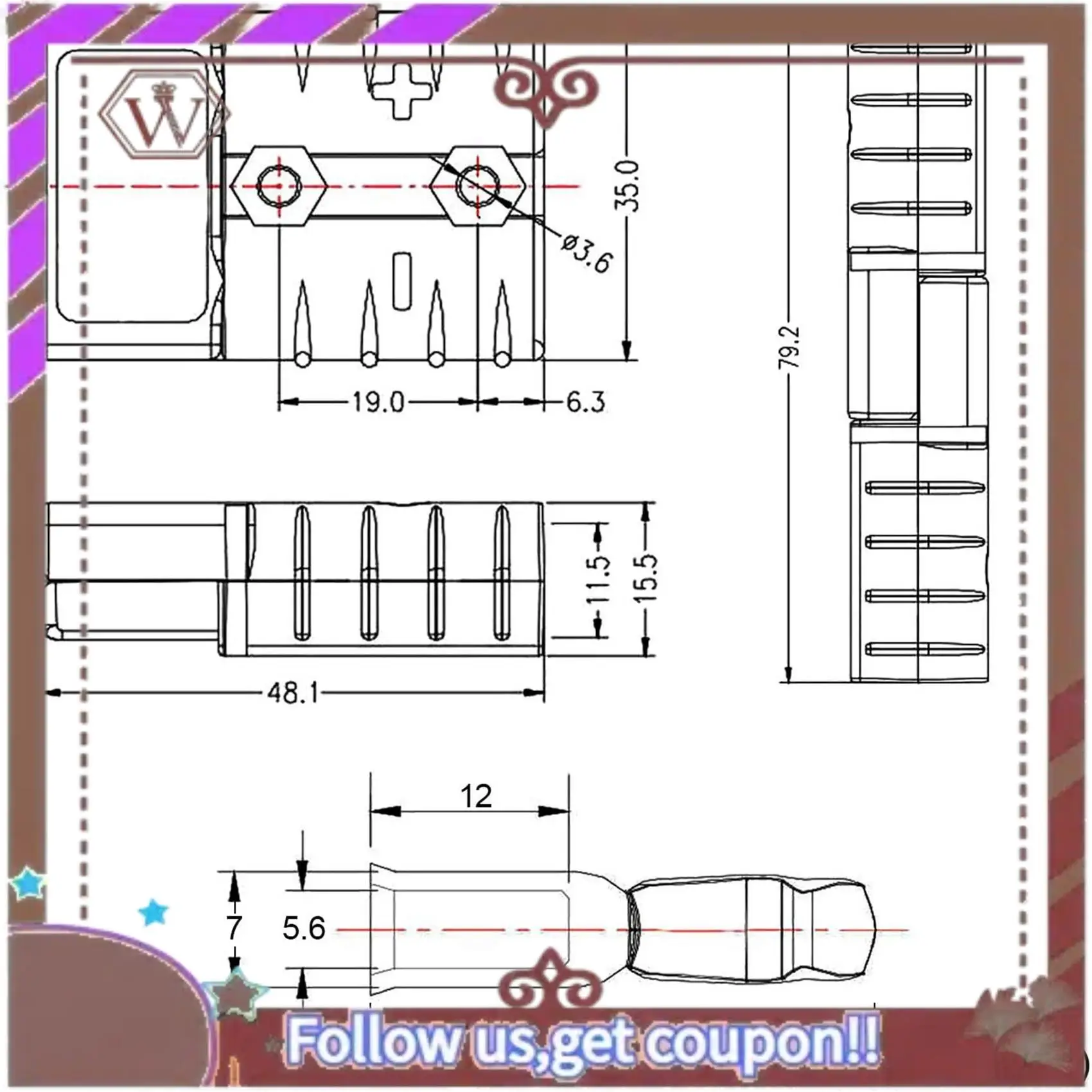 

A57E-для штепсельных разъемов в стиле Anderson 50A 600V 6-12AWG AC/DC электроинструмент для вилок с твердыми клеммами с покрытием 6AWG