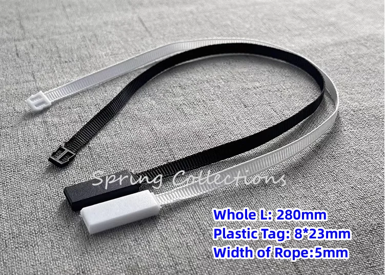 500pcs/lot L28cm,W5mm Silk Ribbon Tag Seal Garment Tags Hang String plastic Snap Lock Pin Loop Fastener Hook Ties Accessories