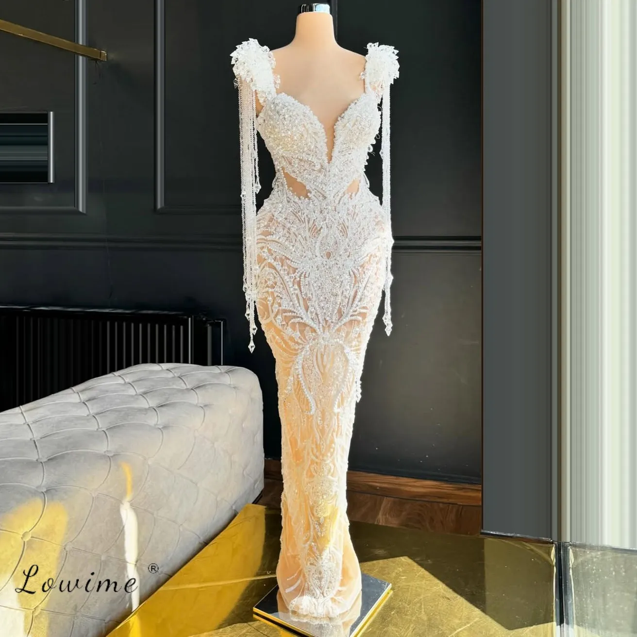 

Crystals Bead Evening Gown Shoulder Full Tassels Sleeves Beading Dress Sparkly Party Gowns