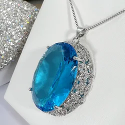 Luxury 20*30 Large Crystal Egg Shaped Pendant Necklace For Women Bridal Wedding Accessories Trendy S925 Chain Necklace Jewelry
