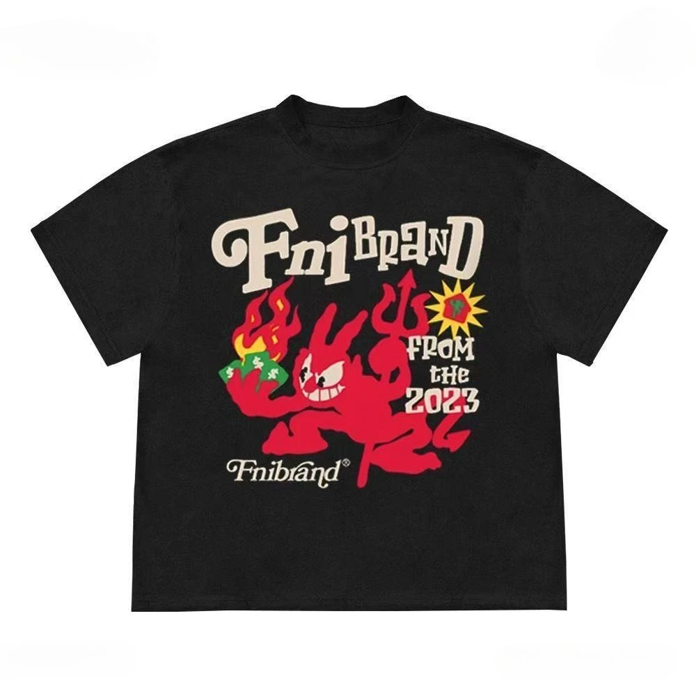 2025 الصيف والخريف الشيطان الصغير تي شيرت مطبوع فضفاض وغير رسمي قصيرة الأكمام الرجال والنساء ملابس رياضية