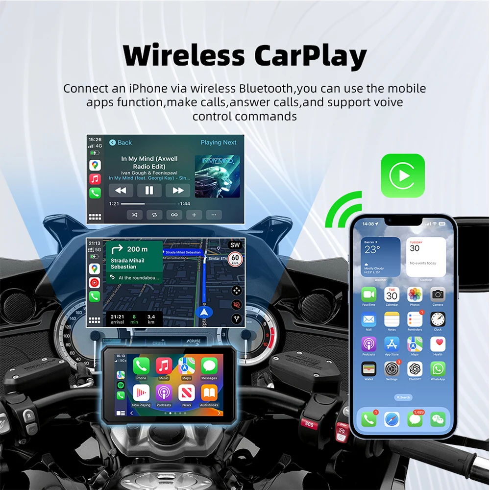 EKIY Wireless CarPlay Moto Android Auto 5.0 بوصة محمول رقمي GPS Moto Navigation شاشة عرض لوحة القيادة للدراجات النارية TPMS