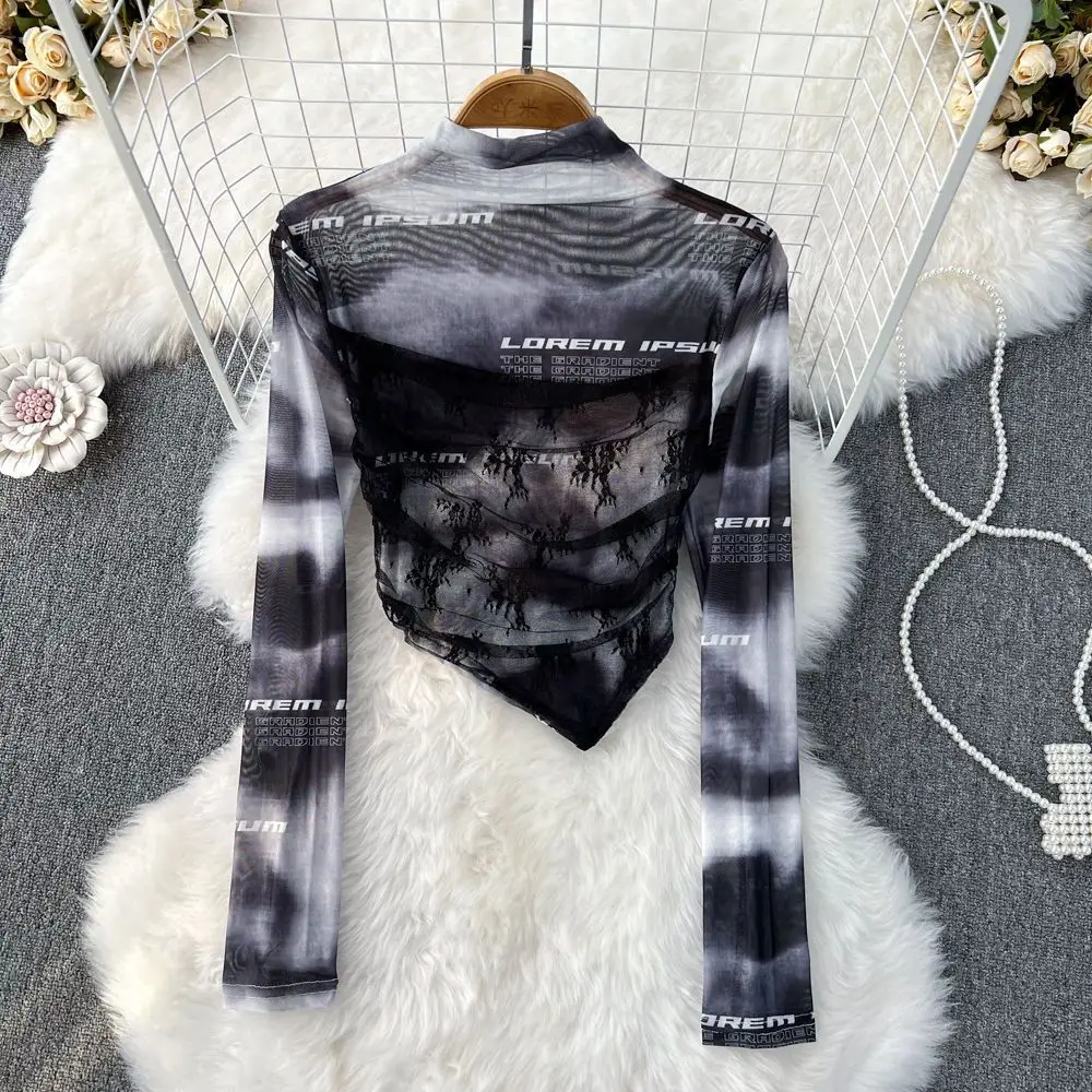 Aesthetics Retro Irregular Lace Splicing Fake Two Pieces Spice Girl Cop Top Letter Long-sleeved Sunscreen Bottoming Mesh T-shirt