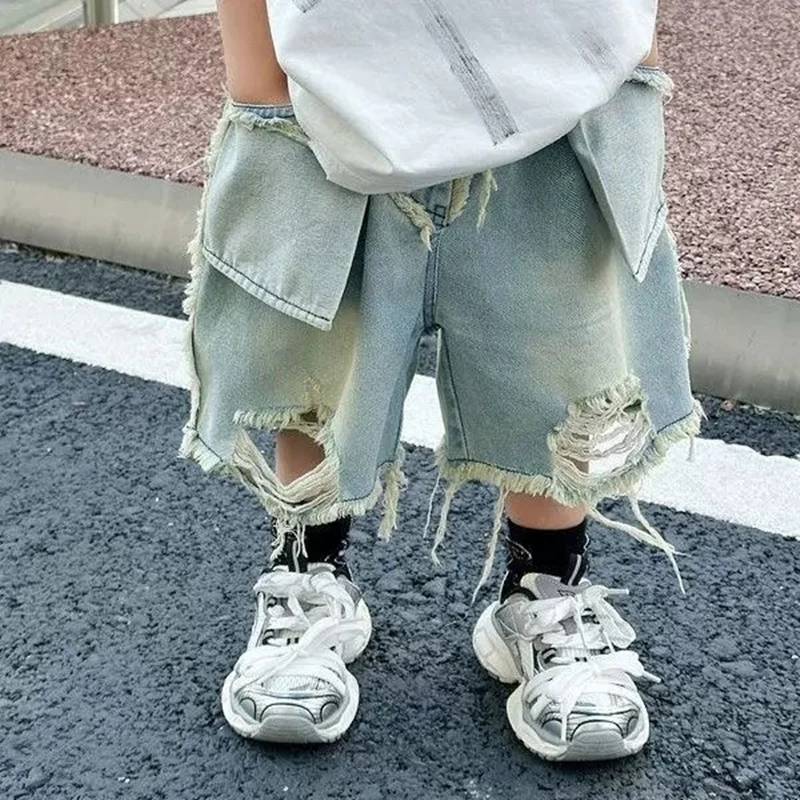 Boy Summer Shorts Kids Casual Denim Jeans Children Knee Length Pants Infant Fashion Ripped Denim Shorts Baby Elastic Waist Short
