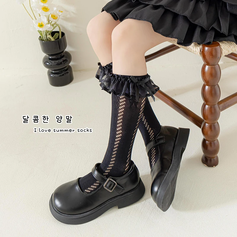 Charming Girls European Vintage Long Stockings Side Hollow Out Jacquard Craft Silk Ribbon Bow Lace Ruffle Soft Stretchy Hosiery view 3