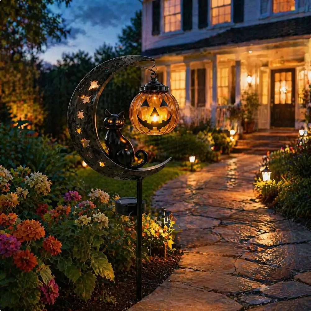 Nighttime Garden Halloween Solar Powered Outdoor Halloween Decor Black Cat Moon Halloween Stake Light Solar Metal for Garden