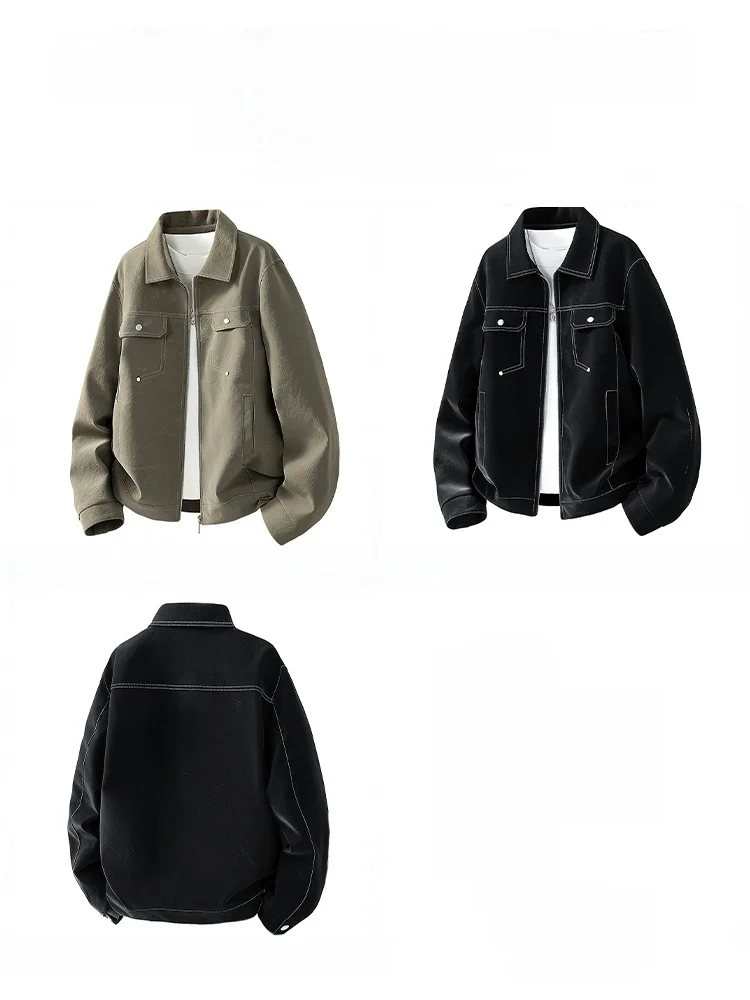 Casual PU Leather Jaet Men's Spring Autumn New Sle Trendy Brand Workwear irt Collar Long Sve Windproof Youth Coat