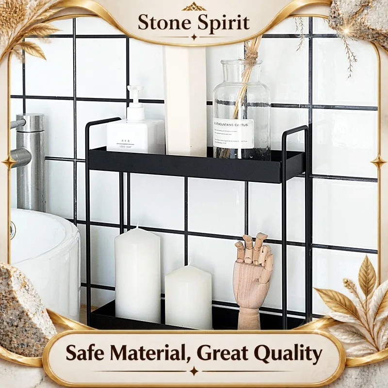 Minimalist Black Vanity Tray, Slim Iron Organizer with Leather Top for Makeup Storage Racks, Bathroom Countertop Display Shelf
