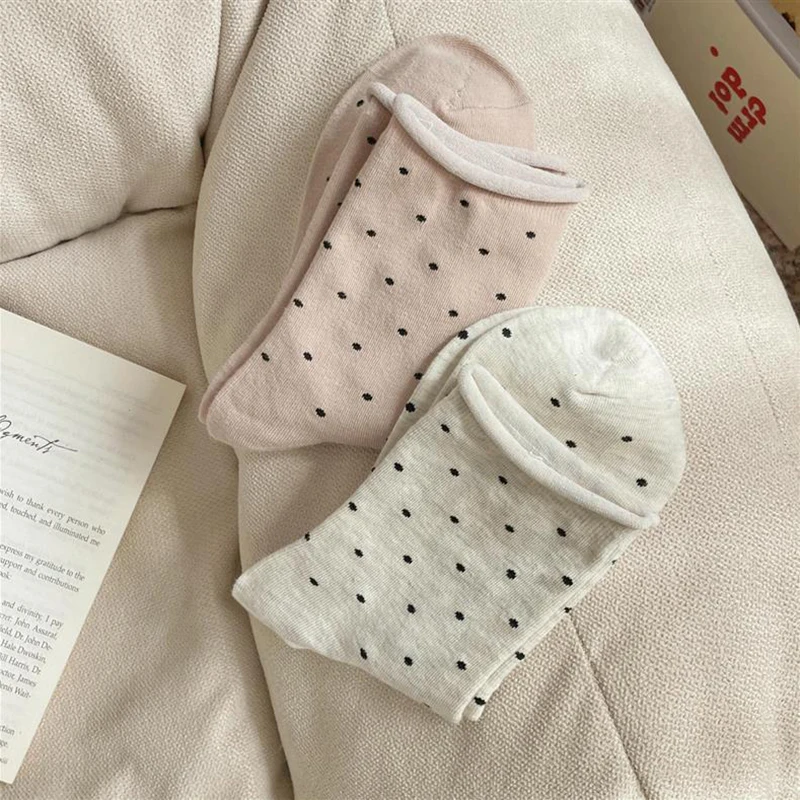5/10 Pairs Women Rolled Edge Polka Dot Mid Tube Socks Spring Summer Sweat Absorbing Breathable Sweet Simple Style Casual Socks image 6