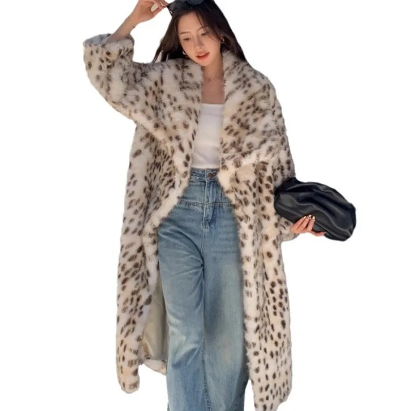 Leopard print imitation fur coat women's large lapel imitation fox hair coat autumn and winter thickened long mink hair coat