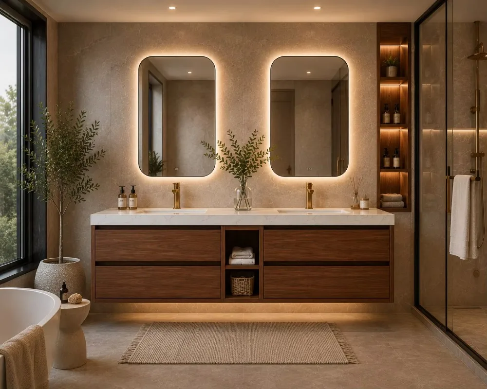 Luxury solid wood floating bathroom sink double sink cabinet smart mirror custom size ceramic basin quartz countertop
