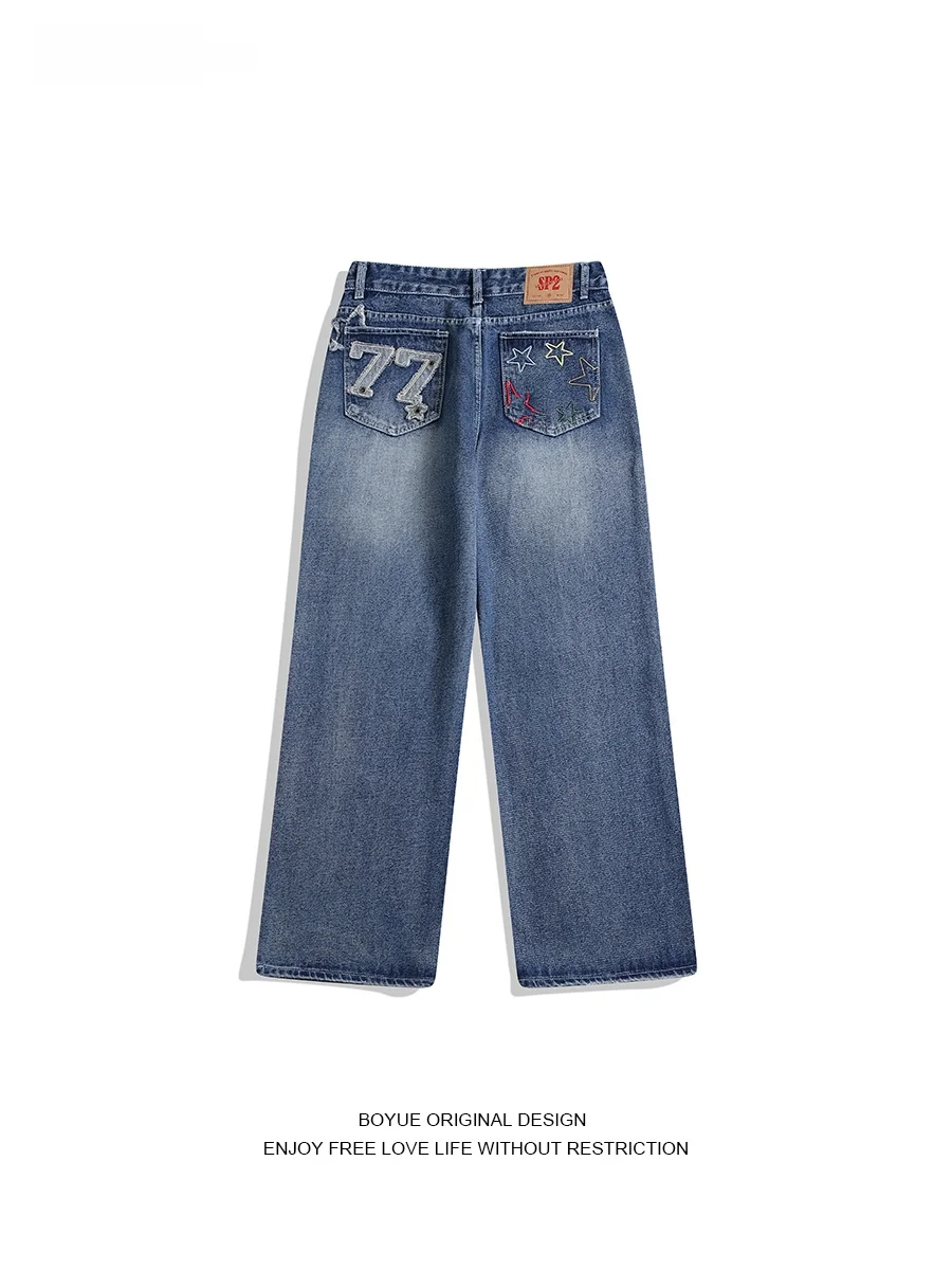 

Boyue, прямые джинсы в американском стиле ретро, повседневные свободные брюки для мужчин и женщин, дизайнерские лоскутные модные брендовые брюки для пар