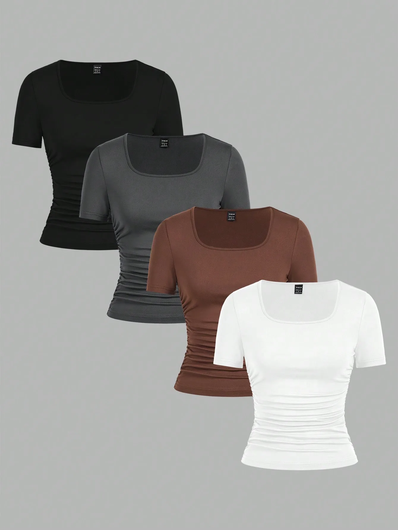

4-Pack Women's Ruched Side Square Neck Short Sleeve T-Shirts, Casual Minimalist Solid Colors for Spring Summer