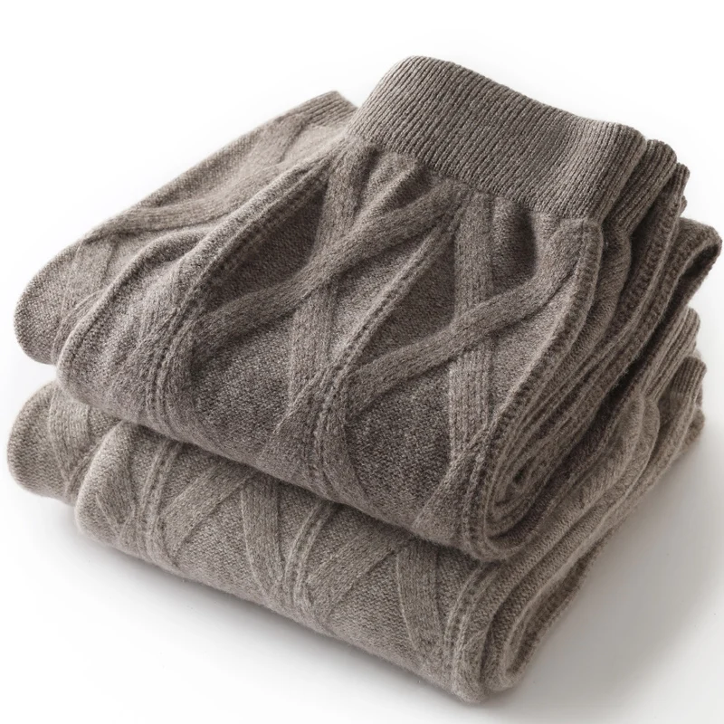 

Office Lady Women Wool Pants Autumn Winter Thick Cashmere Wide Leg Trousers 100% Merino Wool Knitted Grace Retro Jacquard Pants